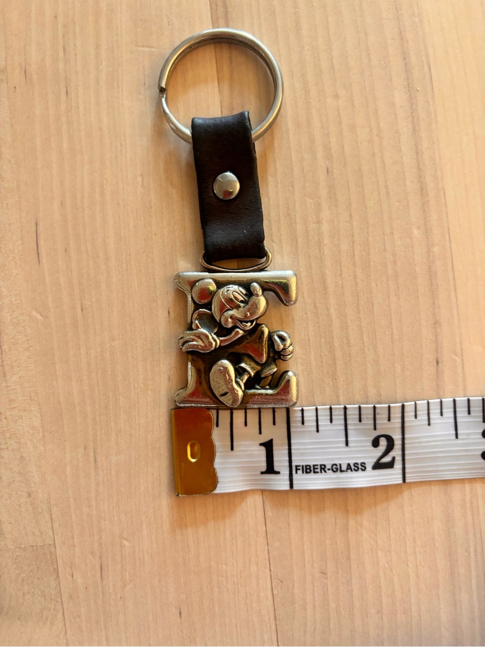 Mickey Mouse Letter 'E' Charm on Brown Strap Keychain